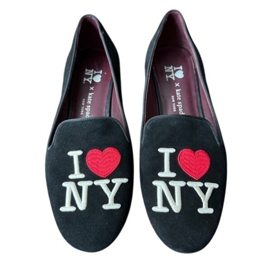 Kate Spade Lounge‎ New York I Love NY Flats Black Suede Embroidered Size 8.5
